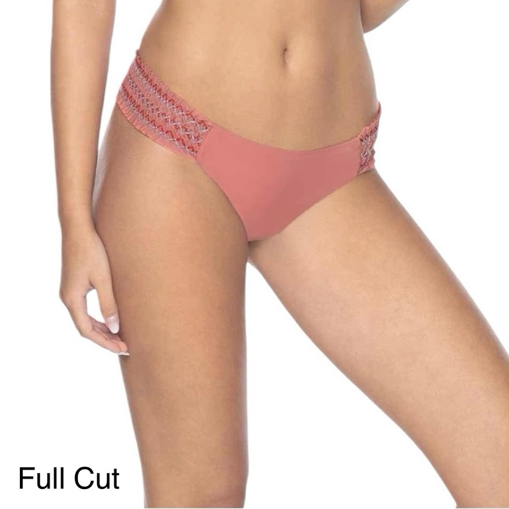 PilyQ Lotus Smocked Tab Rose Pink Full Cut Bikini Bottoms